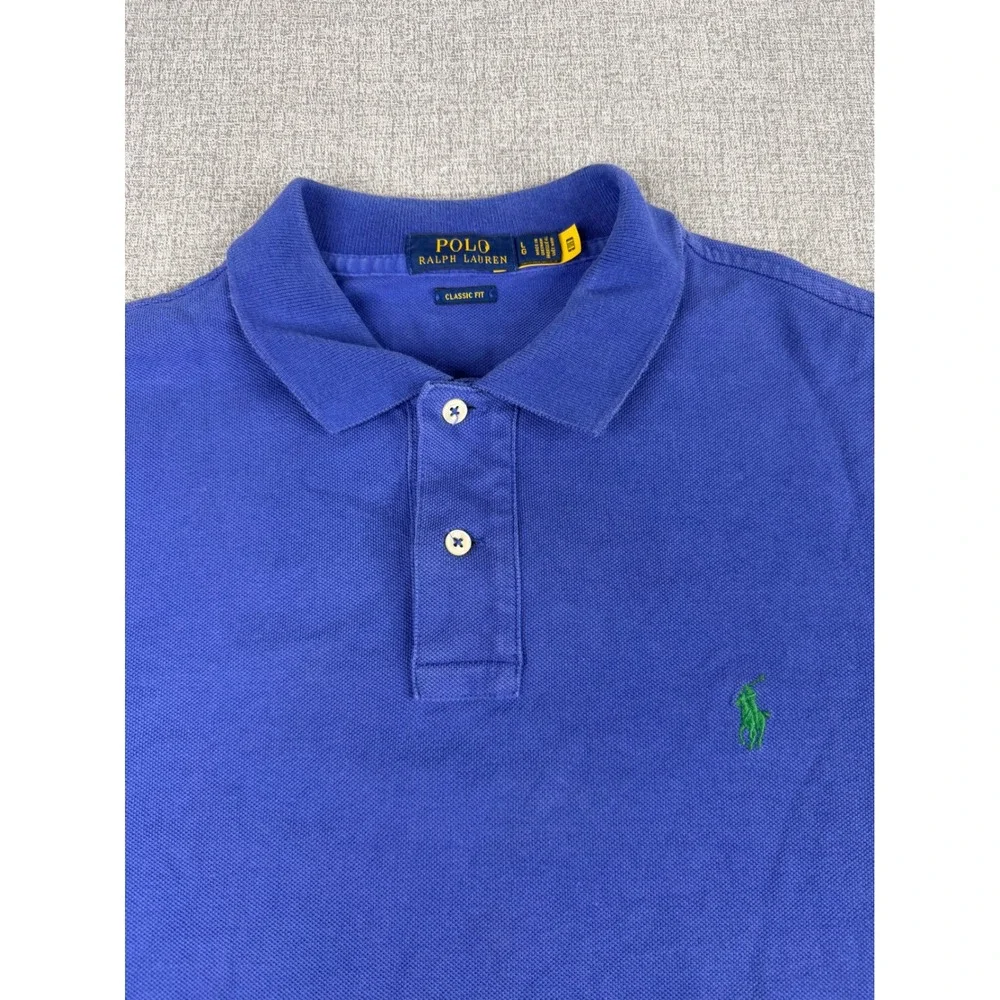 Polo Ralph Lauren Mens Classic Fit Blue Pique Polo Shirt Green Pony Large